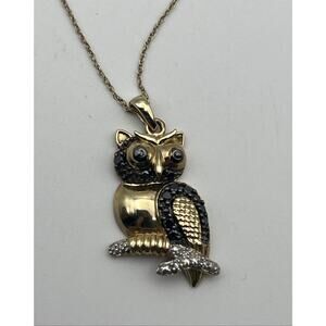JWBR 10K Gold Black Diamond Figural Owl Pendant with 10K Chain Necklace 18"